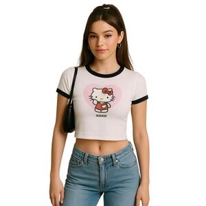 Hello Kitty XOXO Ringer Baby Tee White Black Trim Pink Heart Graphic Y2K